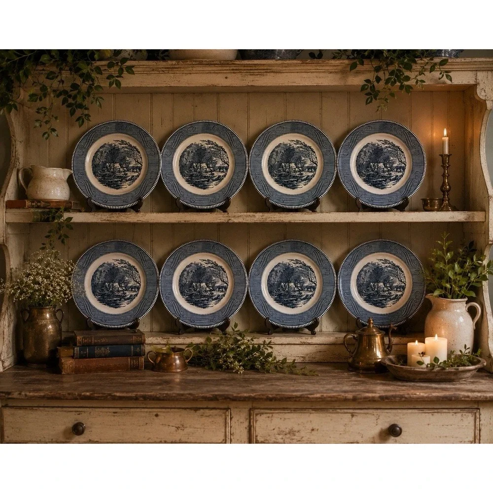 Set of 8 Currier & Ives Old Grist Mill Dinner Plates Royal USA Blue Transferware